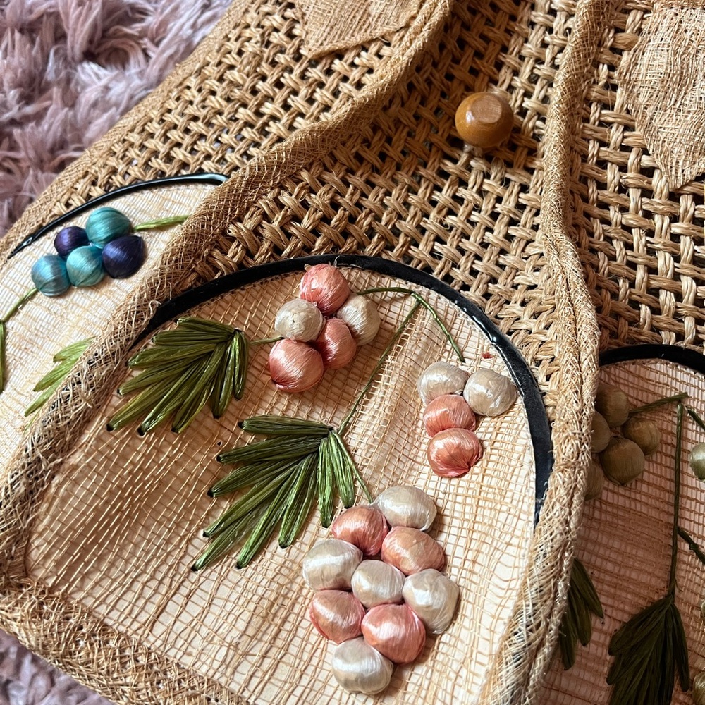 Vintage Handcrafted Tan Woven Bag with Colorful Raffia Flowers - Picture 2 of 5